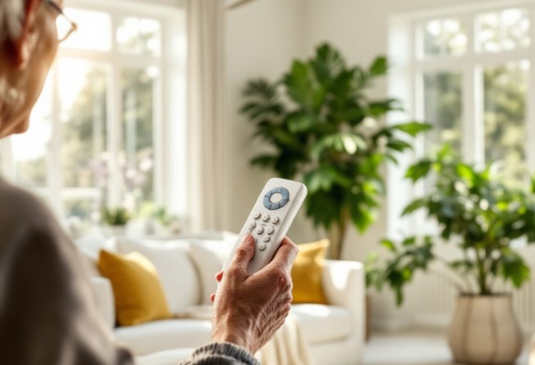 Senior homeowner using remote control to operate motorized patio screen while seated comfortably