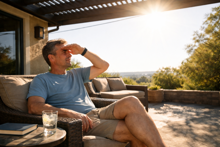 Homeowner sitting on west-facing patio with harsh afternoon sun, illustrating why sun angle matters when choosing outdoor shades for a patio