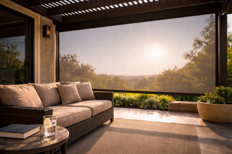Motorized outdoor shade screen installed on residential patio providing privacy and sun control, an example of a professional outdoor shade solution