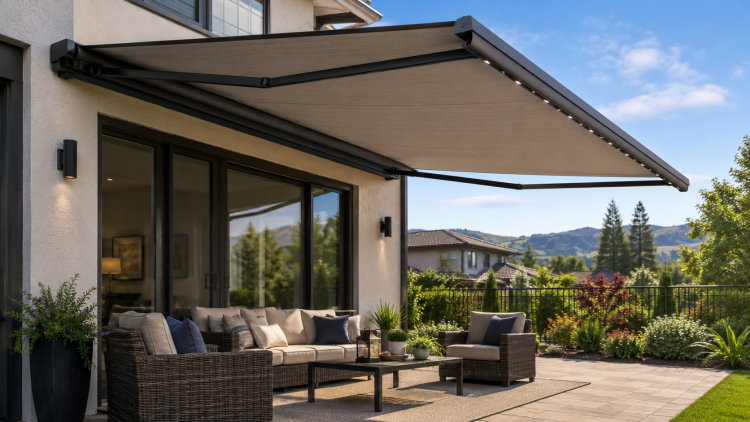 Motorized electric awning extended over a residential patio in Columbus Ohio