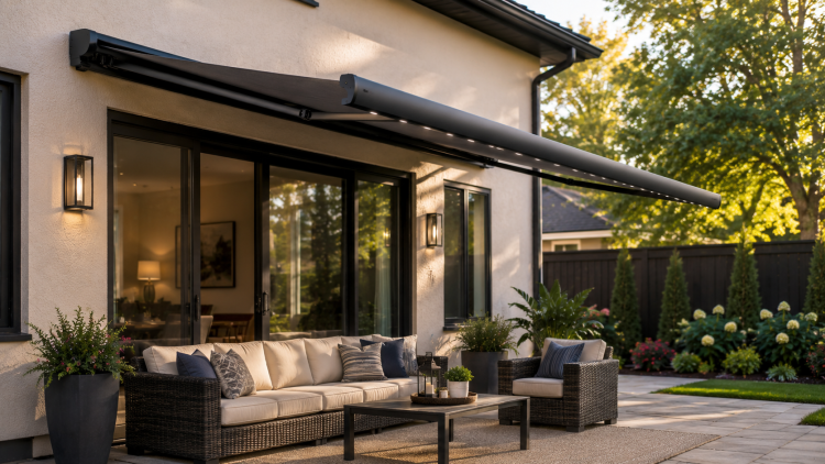 Retractable motorized awning installed on a residential patio in Columbus Ohio - electric awnings for residential patios